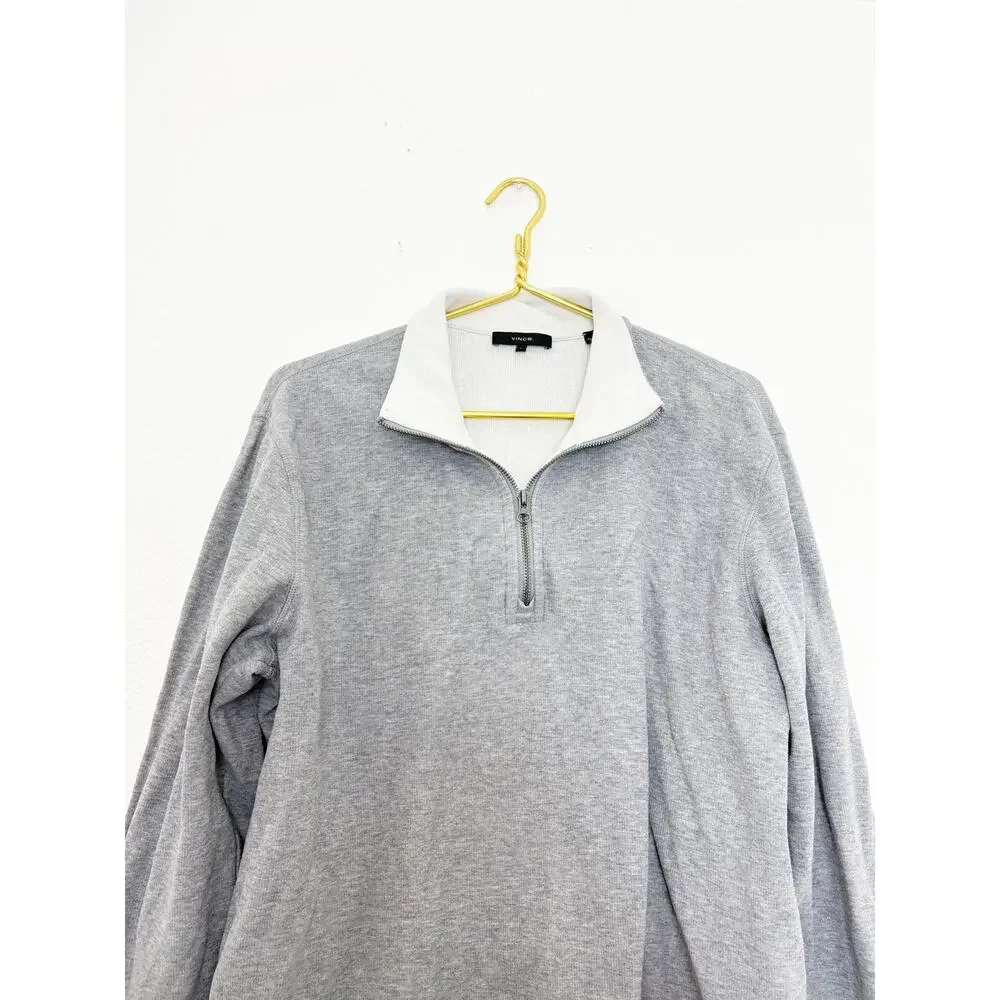 Vince Men's French Rib-Knit Quarter-Zip Heather Grey Sail Sweater Size Large